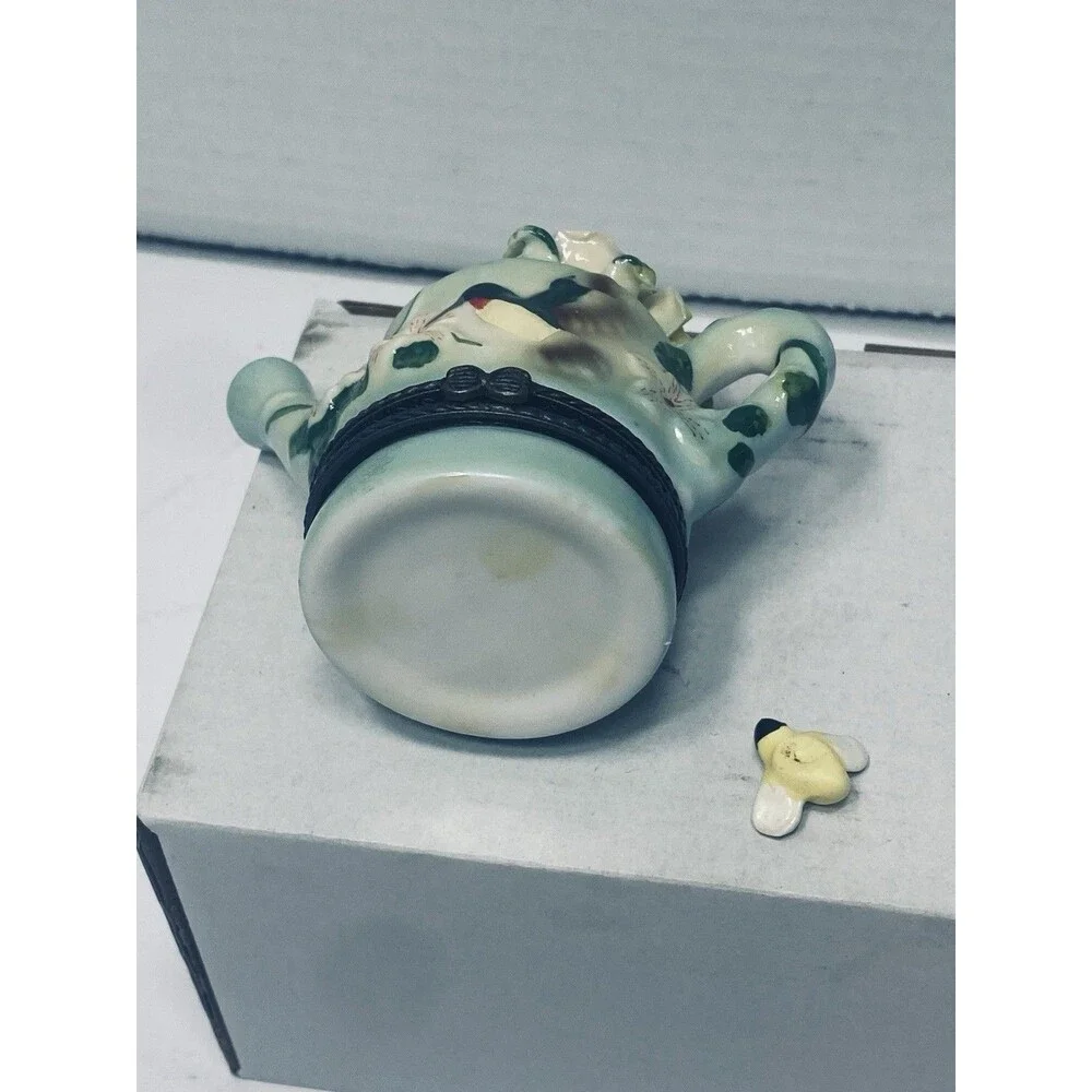Vintage Porcelain Hinged Trinket Box Watering Can Hummingbird BumbleBee Flowers
